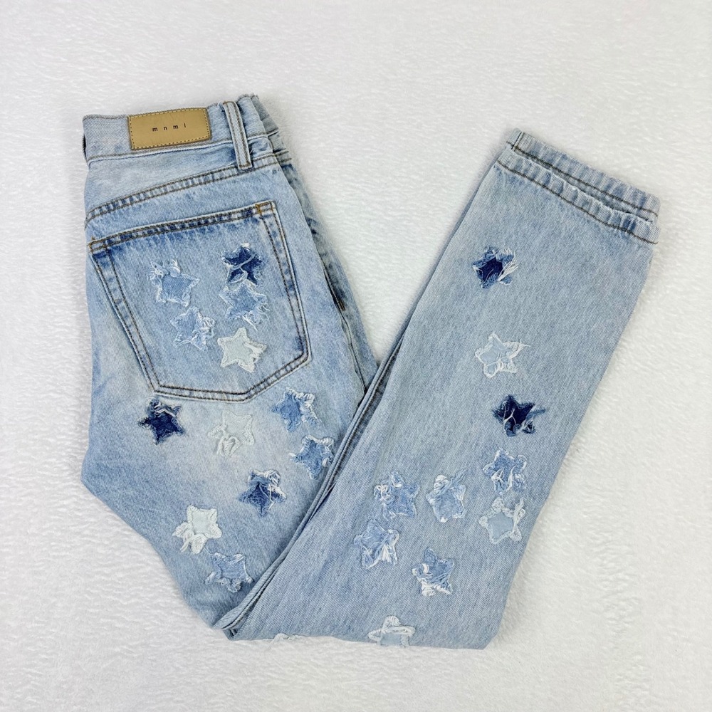 mnml Star Patchwork Distressed Jeans Light Wash Blue Button Fly Mens 32x30